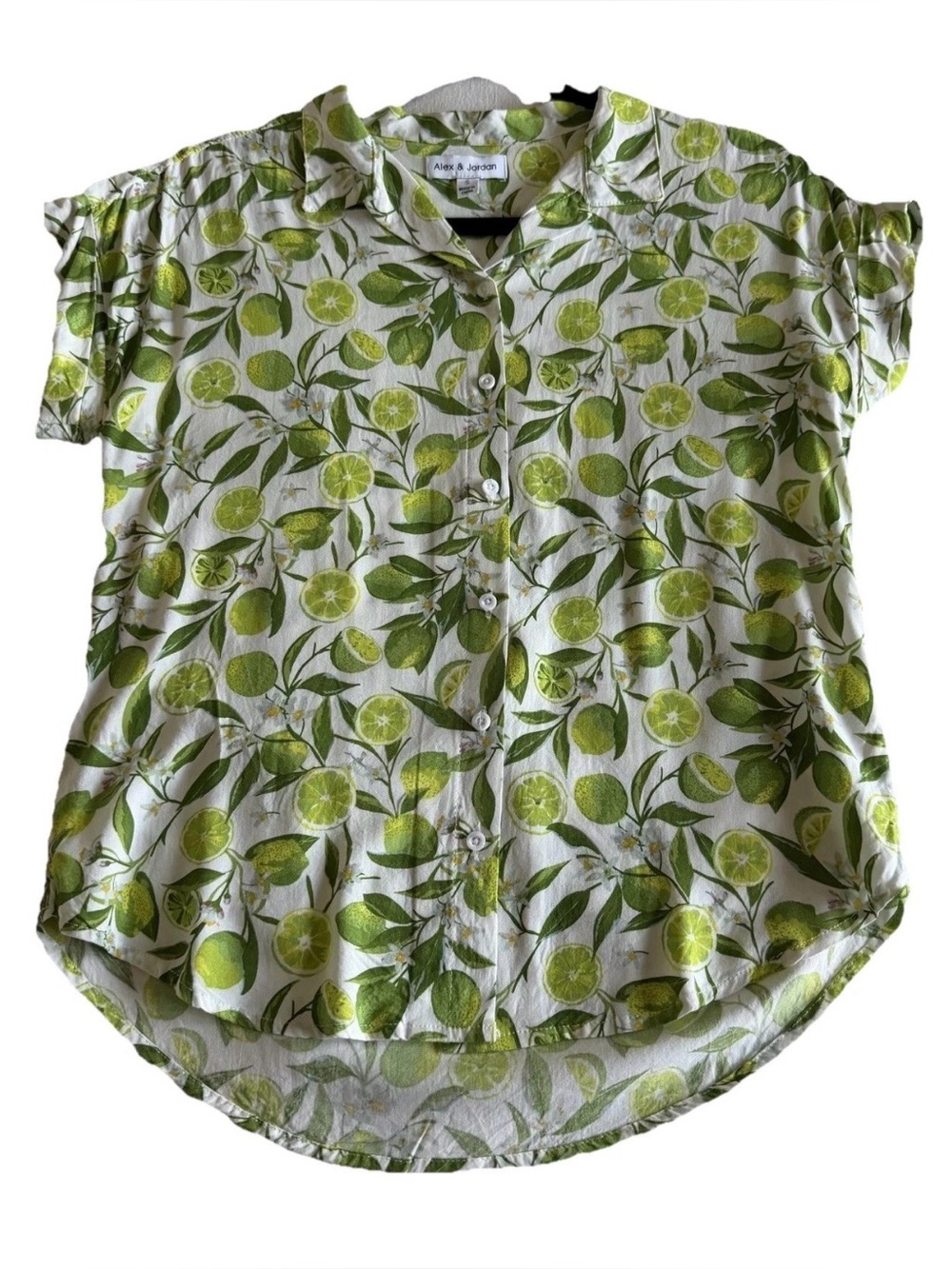 Alex & Jordan Shirt Womens S Green Lemon Lime Fruit Print Button Top Tropical